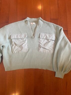 Mango Sage Green Half-Zip Knit Sweater with Utility Pockets